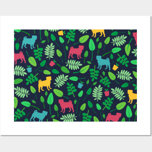 Colorful Pugs with Leaves - Pattern Posters and Art